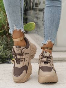 女士时尚圆头系带拼色一脚蹬休闲运动鞋，舒适厚底校园风格，适合春秋季节