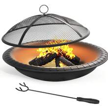 30in Steel Fire Bowl Pit Set Includes Spark Screen, Poker And Detachable Grate For Backyard, Deck And Camping BBQ Black - Black - View 2