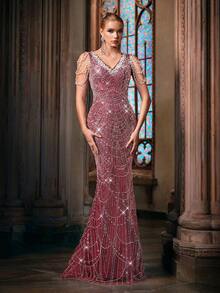 时尚勃艮第女士仿珍珠装饰鱼尾下摆礼服裙 - 酒紅色 - 查看 5