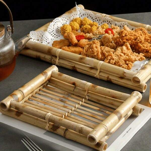 1pc Bamboo Woven Trays Restaurant Supplies Japanese Cuisine Service Plates, Creative Snacks, Fried Food, Dessert Plates