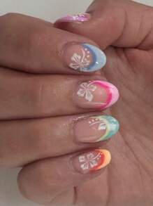 24PCS Short Round Nail, Creative Yellow Flower Fake Nails Nail, Press On The Nail.