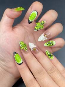 2025 New Y2k European And American Niche Polka Dot Green Leaf Shell Almond French Style Personalized Manicure Pure Handmade Wear Nail 10 Pieces,Press On Nails - Follow Your Heart - View 4