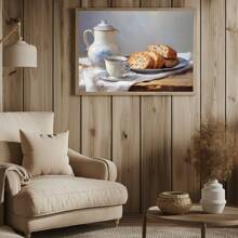 1 Piece, Canvas Hanging, Framed Decorative Painting, Coffee And Bread, Kitchen Still Life, Vintage Farmhouse Decor Art, Oil Painting Print, Country Kitchen Wall Art, Spring Afternoon Tea Decor Mural, French Decor, Spring Home Decor Gifts Birthday Graduation