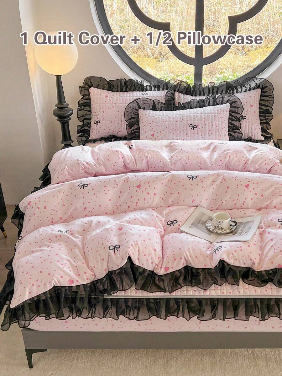 2/3 件蕾丝边羽绒被套（无填充物）（1 个羽绒被套 + 1/2 个枕套），家纺床上用品套装，轻便透气，适合卧室使用 - 浅粉 - 查看 1