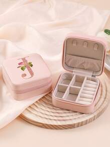 1pc Caixa de joias rosa com flores rosas, caixa de joias de viagem da moda com letras de ouro rosa, caixa de joias de viagem de presente personalizada, presentes de aniversário para mulheres, presentes de Natal para meninas adolescentes, iniciais, caixa de joias de viagem A-Z