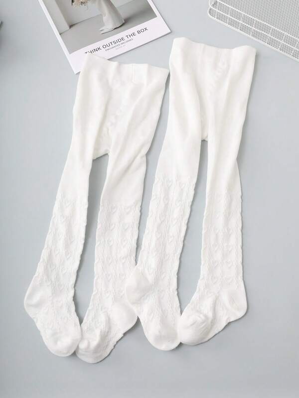 2pcs Girls' White Heart Print Tights
