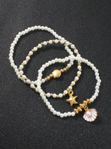 3 Stücke/Set legerer Sommer-Perlen-Armband-Set für Frauen, mit Muschelund Seestern-Elementen, geeignet für den Alltag oder zum Urlaubstragen, Feriengeschenk