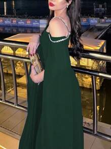 优雅水晶装饰不对称领口和开衩袖正式派对礼服，带鱼尾下摆，婚礼宾客礼服，晚礼服，长袍 - 墨綠色 - 查看 2