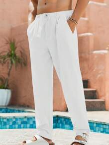 Runcati Men's Linen Pants Loose Fit Casual Summer Elastic Waist Drawstring Baggy Trousers With Pockets - 白色 - 查看 1