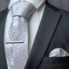 3pcs Set: Men's Classic 3.15-Inch Paisley Necktie, Matching Pocket Square, And Silver Tie Clip Combo, Ideal As Men's Gift, Suitable For Business, Weddings, Grooms, Groomsmen, Parties, Festivals And More - Three-piece Set - View 14