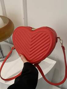 1 pieza Bolso pequeño de unicolor simple y elegante para niñas, nueva bolsa de mensajero de hombro con textura en forma de corazón, material de PU, bolso de corazón de niña de moda, bolso de mensajero de hombro a cuadros elegante y versátil con cierre de cremallera, muy adecuado para salidas y citas