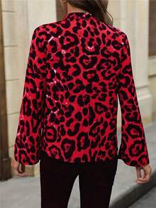 Women's V-Neck Leopard Print Long Sleeve Shirt, Autumn - Red - View 2