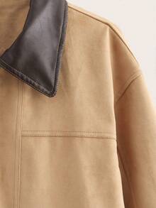 Women's Long Sleeve Zip-Front Spring Autumn Jacket, Lapel Colorblock Faux Suede Sherpa