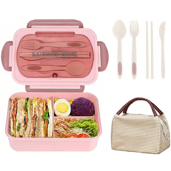 Set Bento Box Adult Lunch Box, Containers For Adults Men Women With 3 Compartments, Lunchable Food Container With Utensils, Sauce Jar, Muffin Liners, Microwave & Dishwasher Safe, Brown, (Send Knives, Forks, Spoons, And Chopsticks ),Kitchen,Christmas Gift
