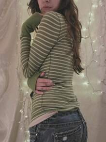 Women Y2K Fairy Grunge T-Shirts Vintage Long Sleeve Knit Tops Casual Striped 3/4 Button Pullover Shirt With Pockets For Club Streetwear Slim Fit Blouse Crop Top Retro Harajuku Aesthetic Clothes Fall Spring Outfit - 綠色 - 查看 4