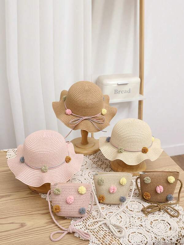 2pcs/Set Toddler Girls' Straw Hat & Backpack Set, Outdoor Beach Sun Protection Hat & Cartoon Ball Decorated Backpack, Suitable For Daily Wear, Summer