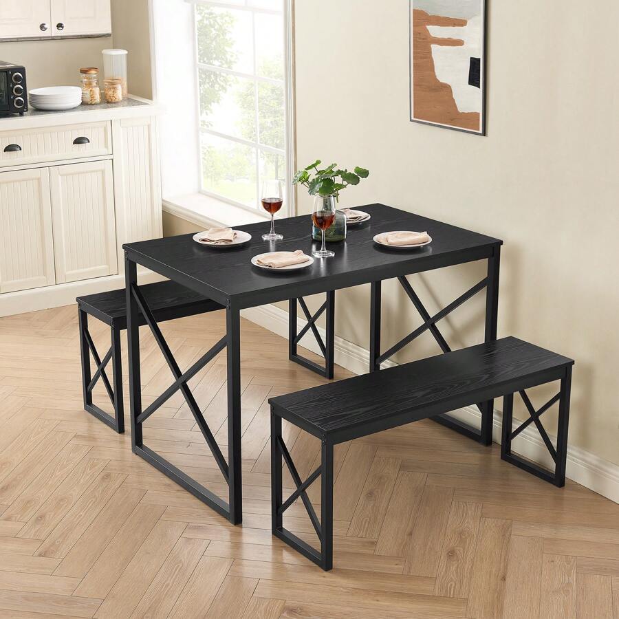 VECELO 3-Pieces Dining Table Set, Rectangle Dinette With 2 Benches, Metal Frame For Dining Room, Living Room, Small Space