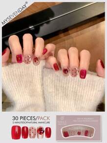 30片短款棺材形按压假指甲贴片，红宝石简约甜美酷炫日韩风女士指甲贴片，新款时尚指尖，配1片果冻胶和1片摩擦条，适合女性派对、舞会、日常休闲装，可拆卸可重复使用按压指甲 - 彩色 - 查看 2