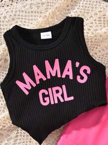 Set de 2 piezas para niñas que incluye una camiseta con estampado de letras "MAMA'GIRL" y pantalones cargo con decoración de lazo