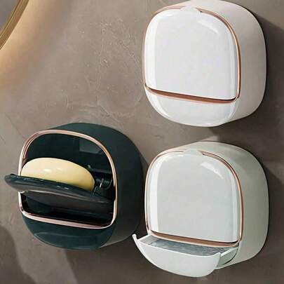 1 pieza Jabonera de pared, Jabonera sin taladro para baño, Contenedor de jabón de pared montado, Jabonera autoadhesiva con drenaje impermeable, Jabonera de pared con tapa abatible impermeable para baño, cocina y ducha, Decoración de otoño para el hogar y el baño, Vuelta al cole