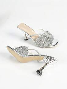 Dames sandalen met hoge hak en kristal versierd bandontwerp, open teen, strik, zomerse nieuwe slippersandalen