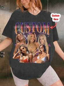 Customized Photo T-Shirt, Personalized T-Shirt, Customized 90s Retro Hip Hop T-Shirt, Gift For Girlfriend/Wife, Valentine's Day Gift, Pet Customization, Add Your Own Text And Images (Family Photo/Selfie/Pet Photo/Friend Photo/Party Photo) To Design Your Own Personalized Printed T-Shirt, Anniversary Gift, Valentine's Day, Christmas - Dark Grey - View 3