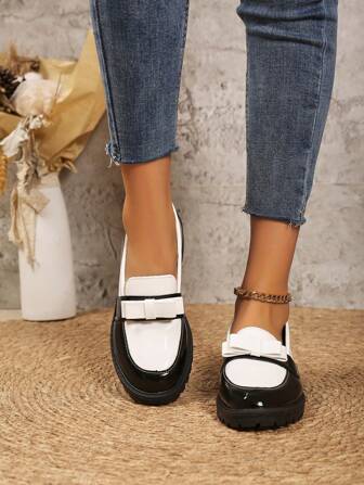 Women's Bow Decor Platform Slip-On Sneakers, Casual Bicolor Loafer Shoes For Daily Wear, Spring/Autumn