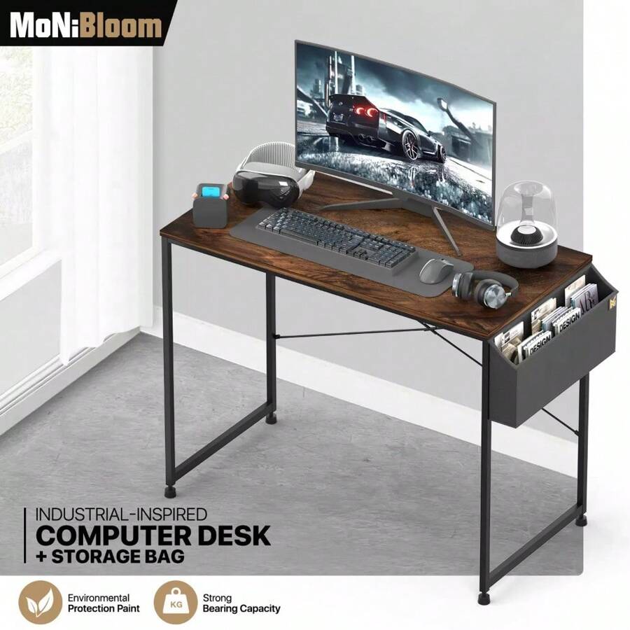 Tiger Stripes Wooden Office Computer Desk Workstation With Storage Bag - Stylish Writing Table For Enhanced Productivity
