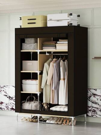 1 pieza Armario portátil fácil de transportar, cubierta de tela no tejida en unicolor, diseñado con 5 estantes, el compartimento superior puede contener equipaje y ropa de cama, ensamblaje de tubo de acero, resistente, adecuado para dormitorio del hogar, almacenamiento de ropa en apartamento, 105x45x168cm