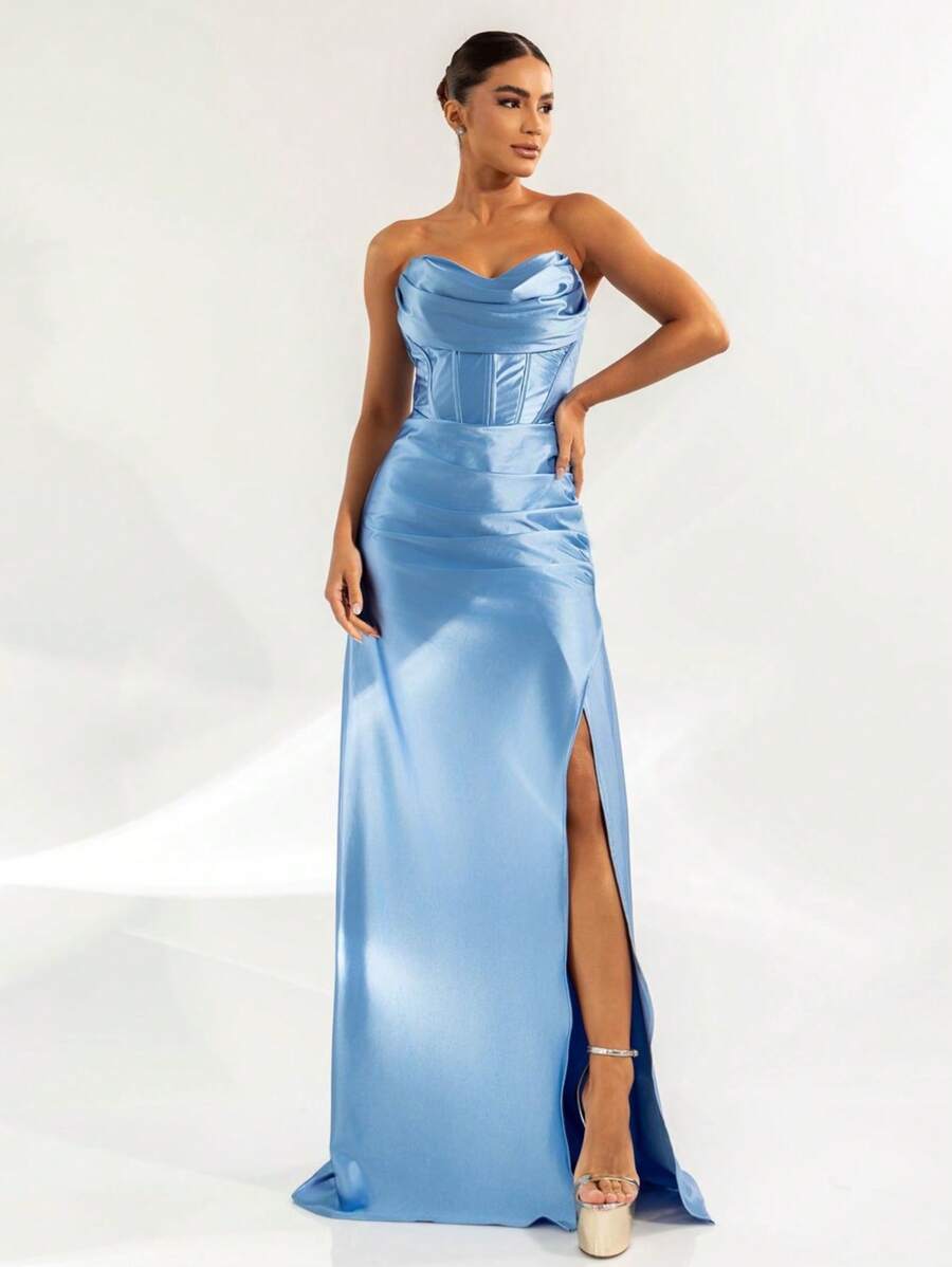 LONG PARTY DRESS WEDDING LAUNCH GODMOTHER FASHIONISTA STRAPLES WITH SLIT - Baby Blue - View 1
