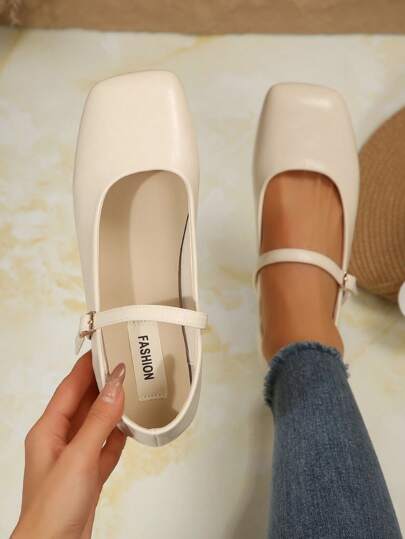 Women's Buckle Decor Beige Simple Ballet Flats, Fashionable And Elegant Mary Jane Shoes, Suitable For Spring, Autumn, Winter, All Seasons. The Rubber Sole Provides Softness And Durability, Enhancing Foot Comfort. Suitable For Professional Attire, Student Wear, Home, Travel, And Elegant Outfits. Classic And Versatile, Soft And Comfortable, Excellent Experience.