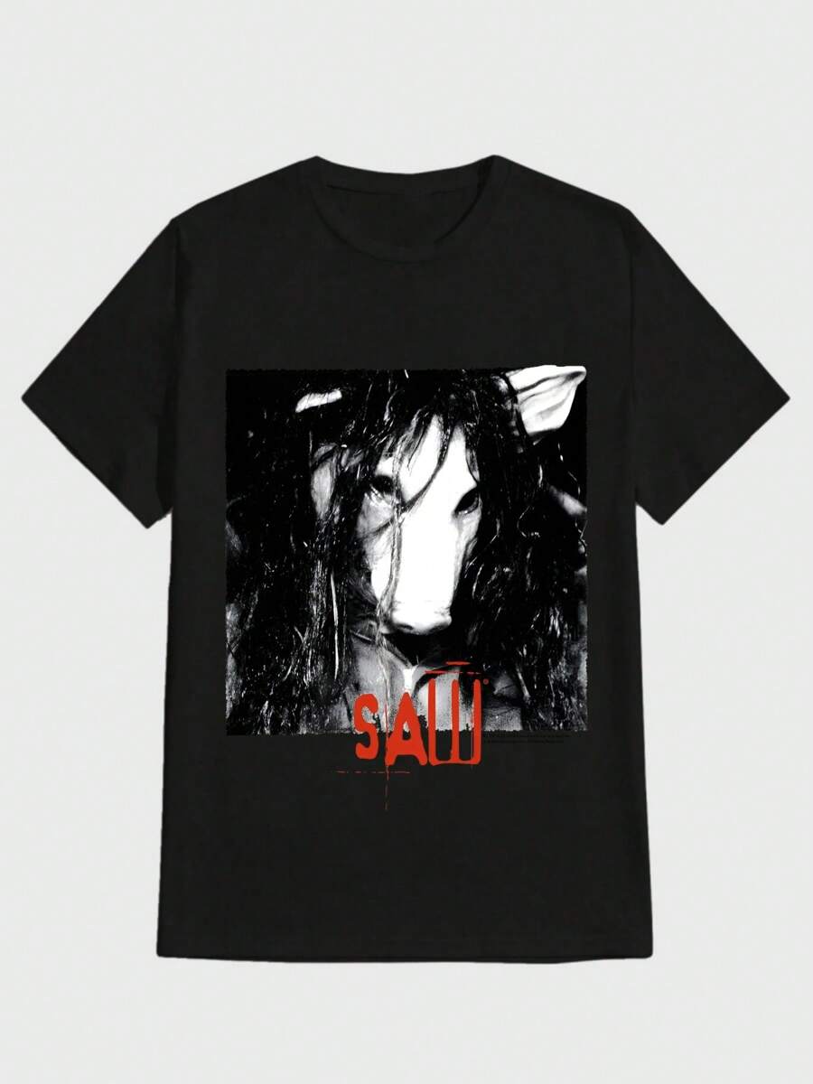 SAW Pig Mask Men's T Shirt Casual Digital Print  Pure Heavy Cotton T Shirt - Black - View 1