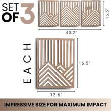 3 pièces Œuvre murale en bois rustique - Grandes sculptures géométriques de montagnes et de soleil, ensemble de 3, décoration d'intérieur bohème pour salon, chambre à coucher, bureau avec installation facile
