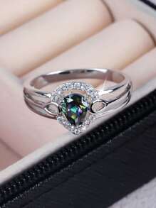 1 pieza Anillo de piedra de zirconia en forma de lágrima brillante y lujoso, ideal para mujeres como regalo para el Día de San Valentín, compromiso, boda, aniversario, mamá, madre, Día de la Madre