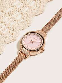 KEZZI 1 件女士不锈钢网带石英手表，时尚水钻表盘，适合日常佩戴 - 玫瑰金 - 查看 3
