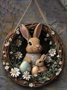 1 pièce Enseigne suspendue de lapin de Pâques - œuvre murale de style bohème avec lapin et design d'œuf, couronne de pâquerettes. Convient pour la porte d'entrée, le porche, le salon, la chambre - Décoration de printemps intérieur/extérieur