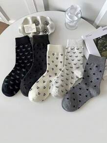 5 双女士春秋新款波尔卡圆点、蝴蝶结、心形、星星长袜，舒适柔软百搭甜美袜子，秋季 - 彩色 - 查看 11