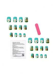 24pcs Spring Easter Floral & Rabbit Drawing Themed Wearable Nail Art, 1pc Jelly Gel, 1pc Nail File Press On Nails - Multicolor - View 2
