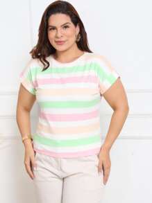 Plus Size Striped Blouse Short Sleeve Folded Japanese Viscolycra G1 - 薄荷綠 - 查看 4