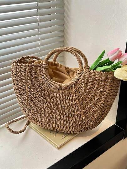  Baila Morena Bolsa palha grande meia lua bolsa de praia feminina de mão argola alça retirável forro de tecido fecho com cordão
