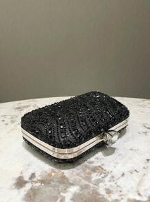 1pc Elegant Black Shiny Rhinestone Embellished Double-Sided Women's Clutch Bag, Formal Evening Party Wedding Handbag, Suitable Gift For Ladies - Black - View 6