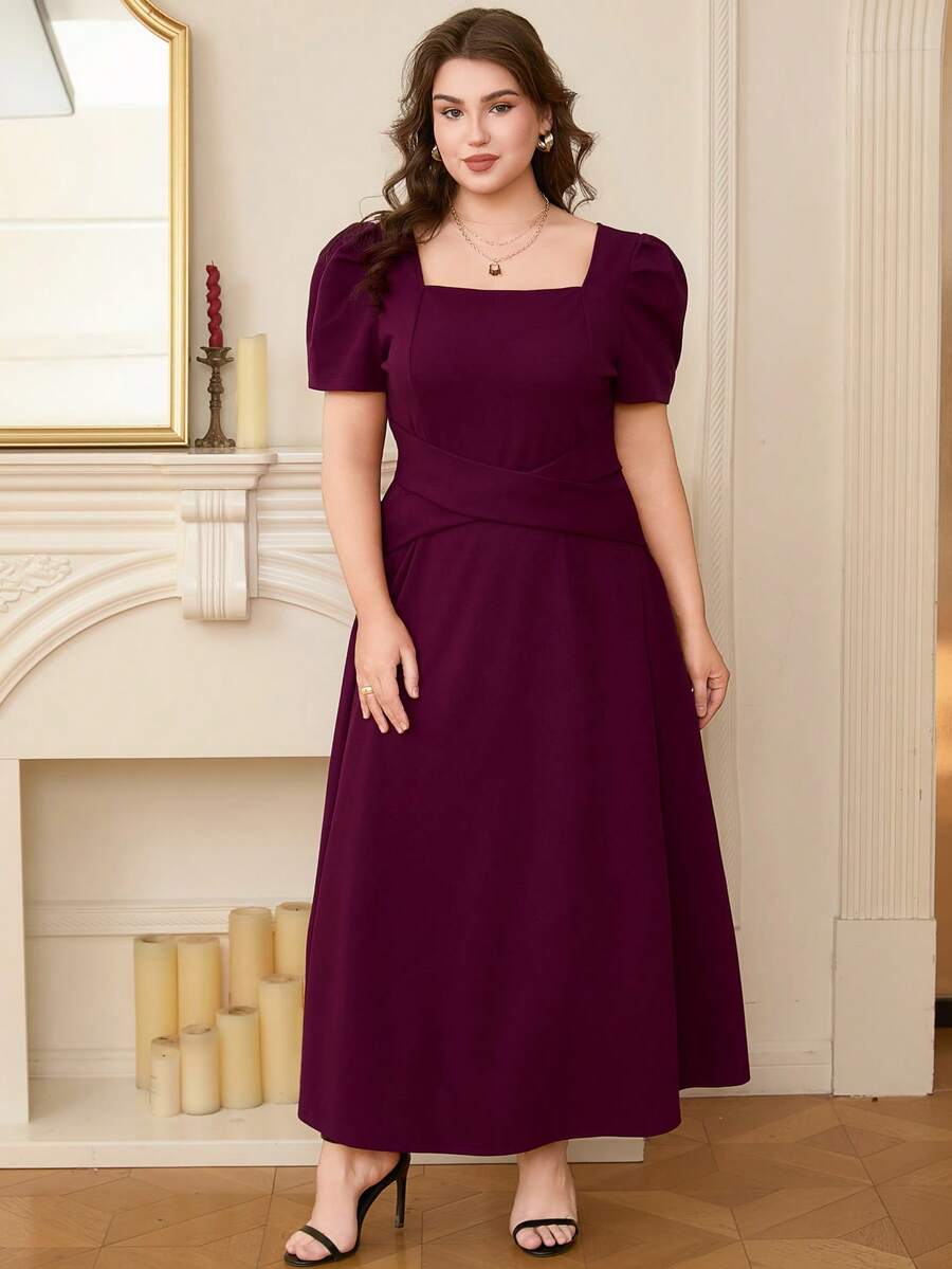 DEARCASE Plus Size Elegant Puff Sleeve Waist Dress - Grape Purple - View 1
