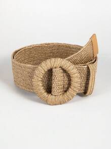 1pc Khaki Round Rattan Buckle Elastic Boho Waist Belt, Suitable For Beach Vacation Summer, School Fall, Autumn, Halloween - Khaki - View 1