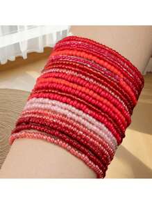 20pcs Bohemian White Series Rice Bead Layered Elastic Bracelet Set For Women - Red - View 2