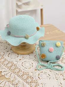 2pcs/Set Toddler Girls' Straw Hat & Backpack Set, Outdoor Beach Sun Protection Hat & Cartoon Ball Decorated Backpack, Suitable For Daily Wear, Summer