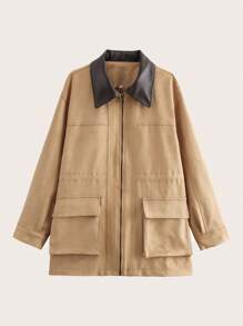 Women's Long Sleeve Zip-Front Spring Autumn Jacket, Lapel Colorblock Faux Suede Sherpa