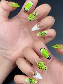 2025 New Y2k European And American Niche Polka Dot Green Leaf Shell Almond French Style Personalized Manicure Pure Handmade Wear Nail 10 Pieces,Press On Nails - Follow Your Heart - View 3