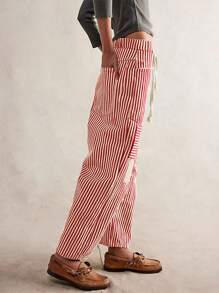 Women Striped Pants, Elastic Waist Drawstring Patchwork Wide Leg Pants Loose Trousers with Pockets - Burdeos - Ver 2