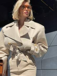 Chaqueta de mujer de primavera y otoño con cuello de solapa, manga larga, un solo botón y cinturón, estilo de calle - Caqui - Ver 5