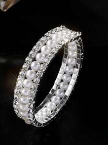 1 件时尚嘻哈闪亮三层弹性珍珠手链，精致珠宝配饰适合男士和女士，优雅的礼物 - 彩色 - 查看 1